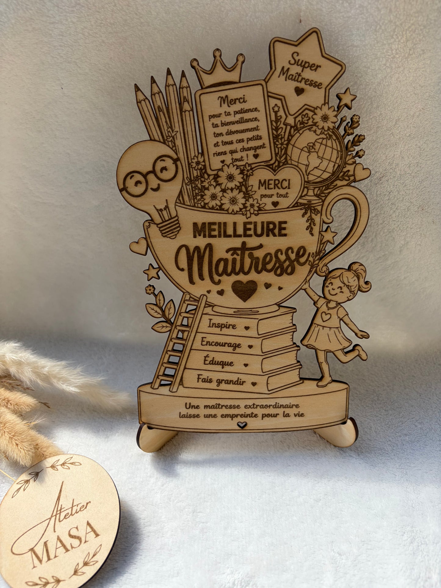 Décoration Meilleure Maîtresse en bois sur socle