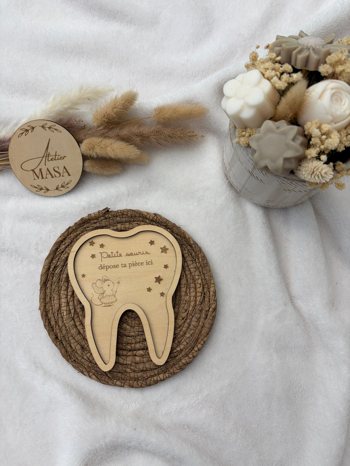 Plateau dent bois petite souris - Cadeau première dent enfant