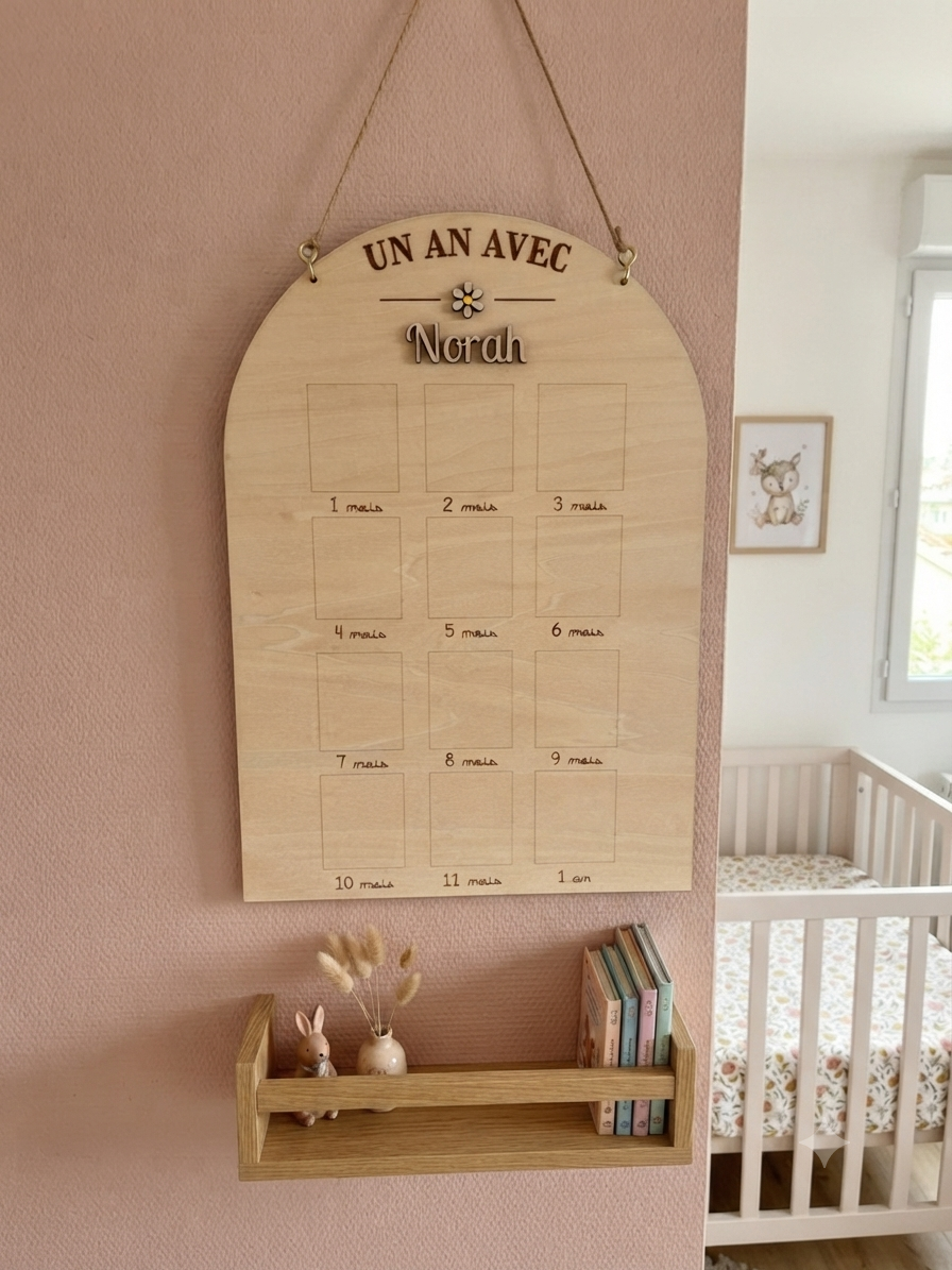 Planche photo première année bois personnalisée - Cadeau naissance