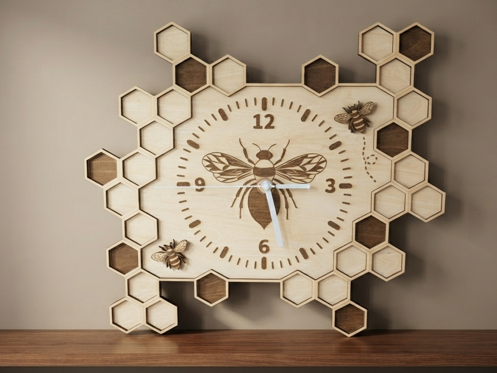 Horloge Murale Nid d'Abeilles en Bois de Tilleul - Design Alvéoles