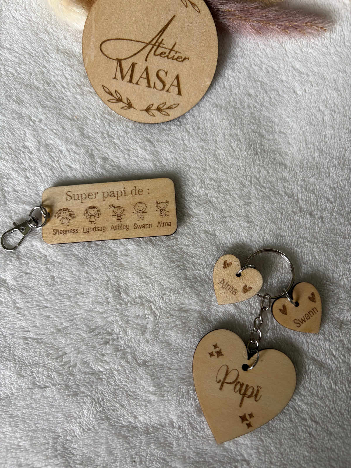 Porte-clé bois papi prénoms petits-enfants - Cadeau grand-père