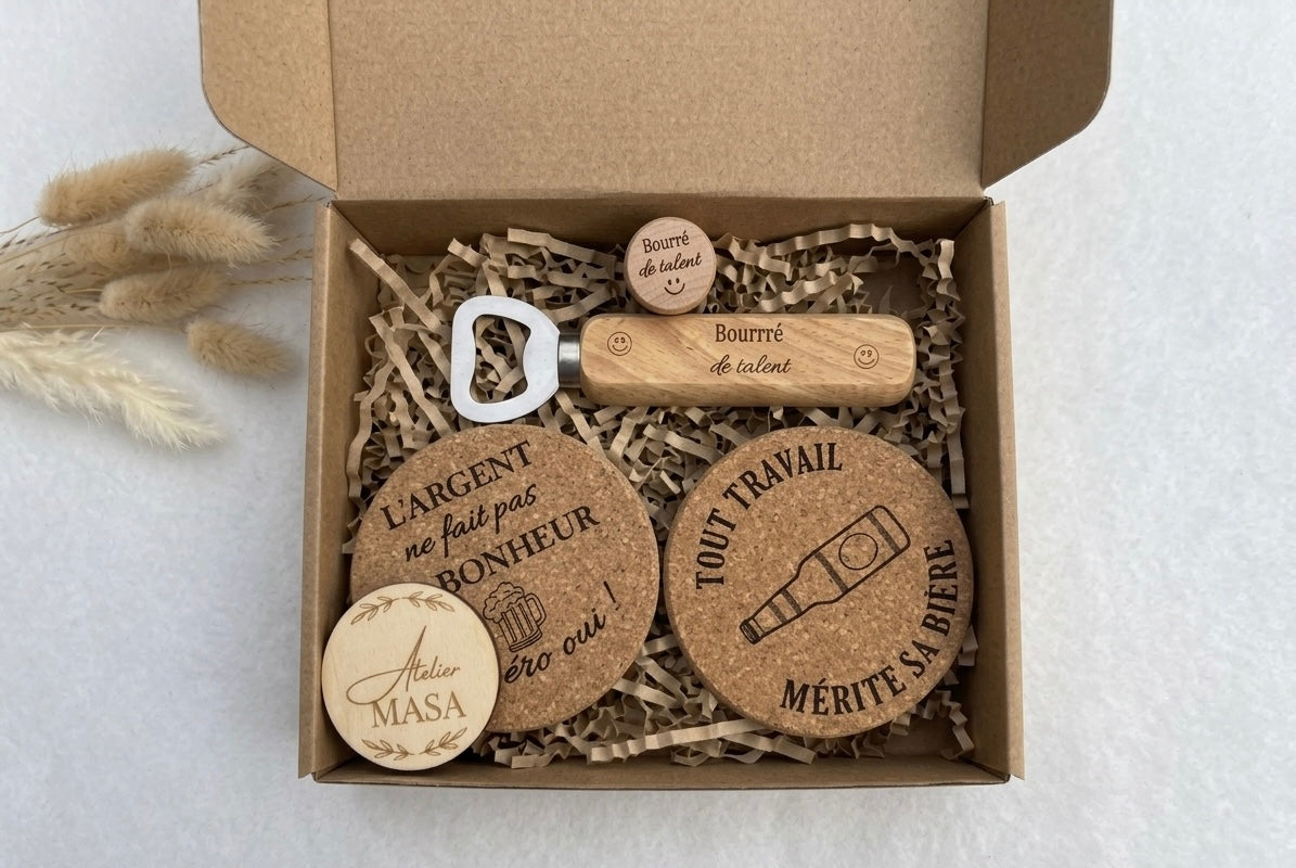 Apéro Box personnalisée bois et liège - Cadeau humour