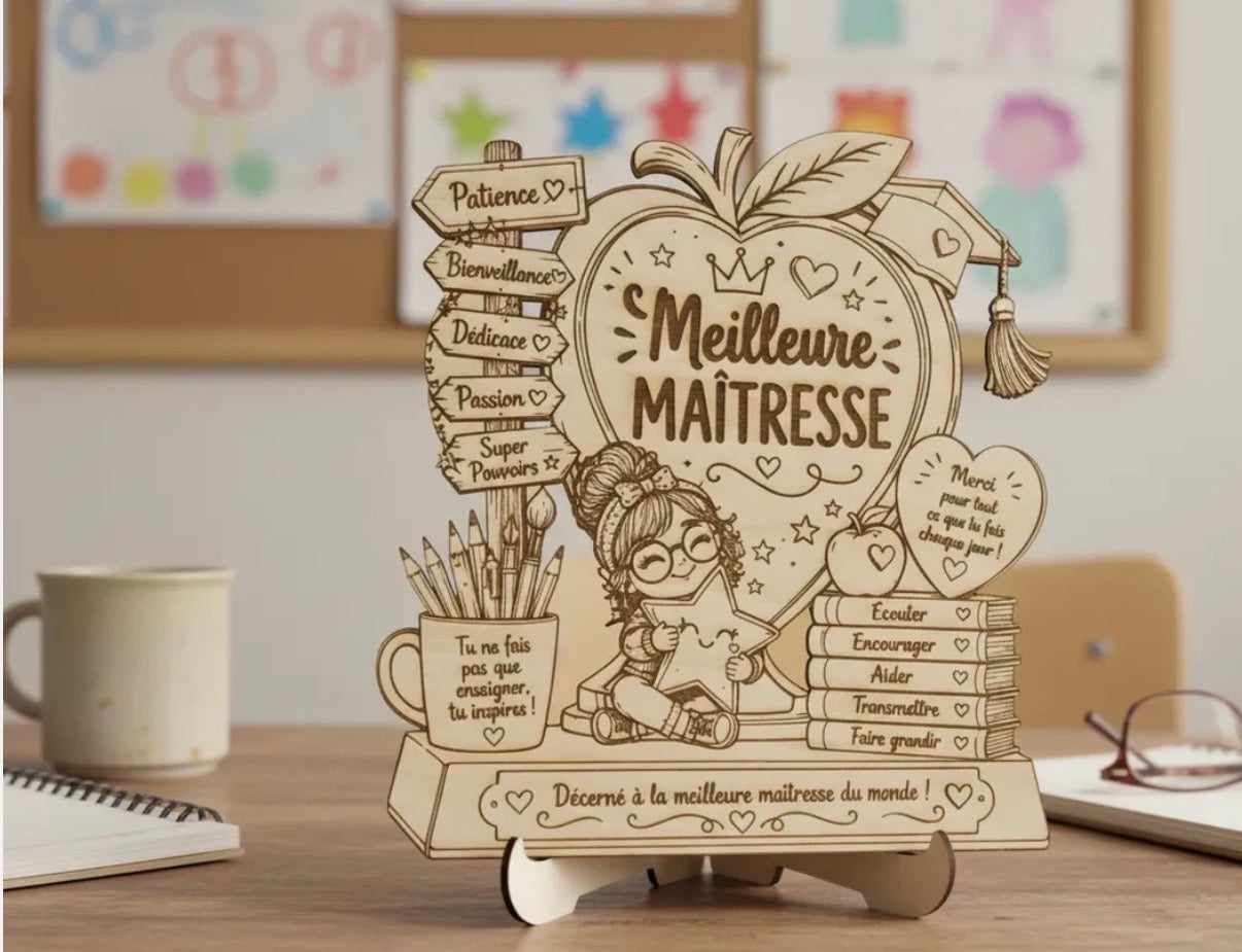 Décoration bois meilleure maîtresse gravure laser - Cadeau fin d’année