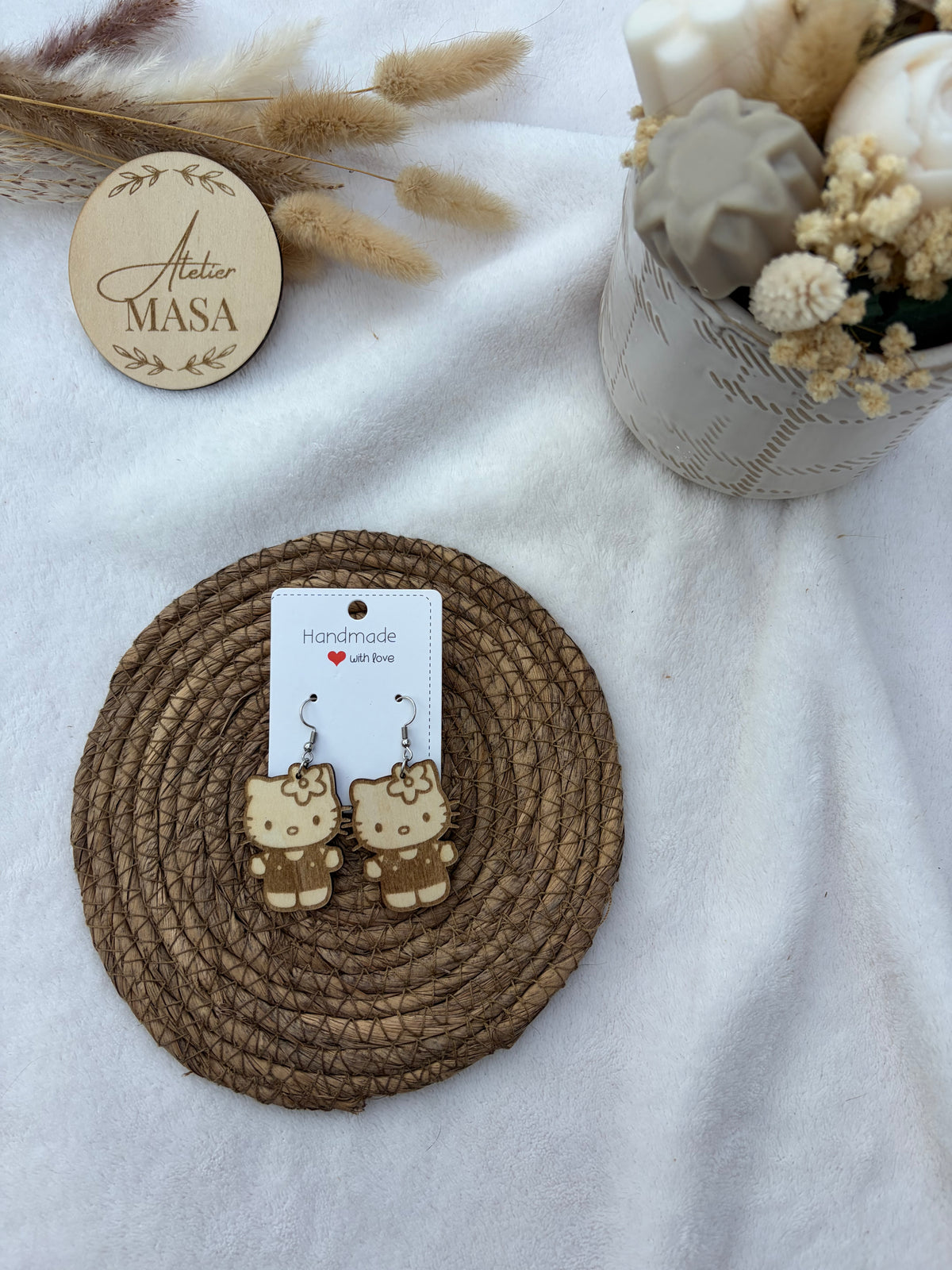 Boucles d'oreilles bois tilleul & acier inoxydable - Bijou fait main
