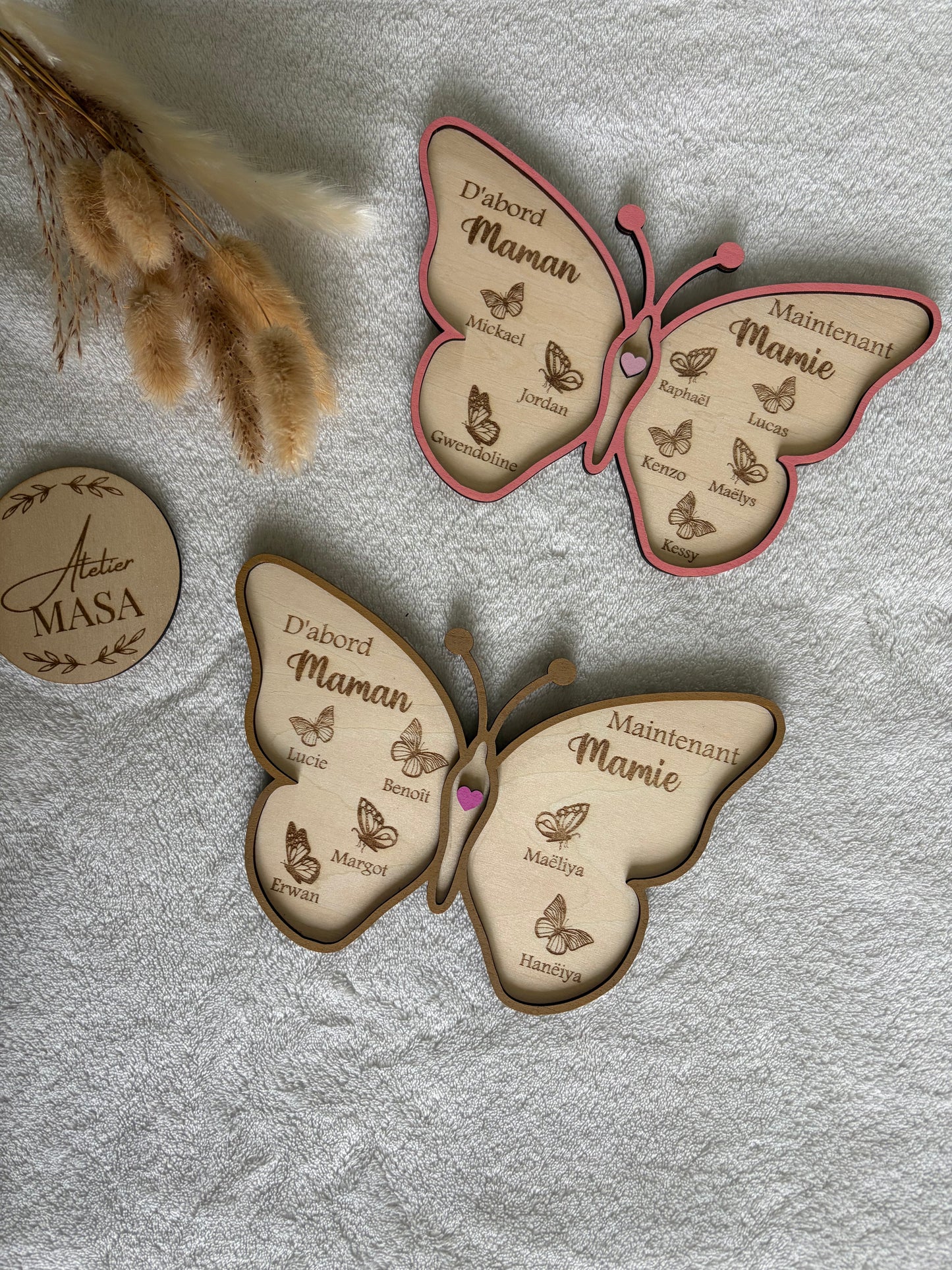 Papillon bois gravé personnalisé – Cadeau mamie maman prénoms enfants