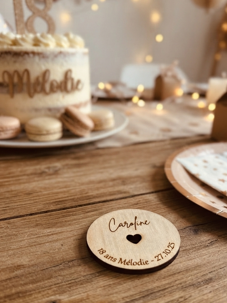 Marque-place bois rond cœur personnalisé - Mariage anniversaire