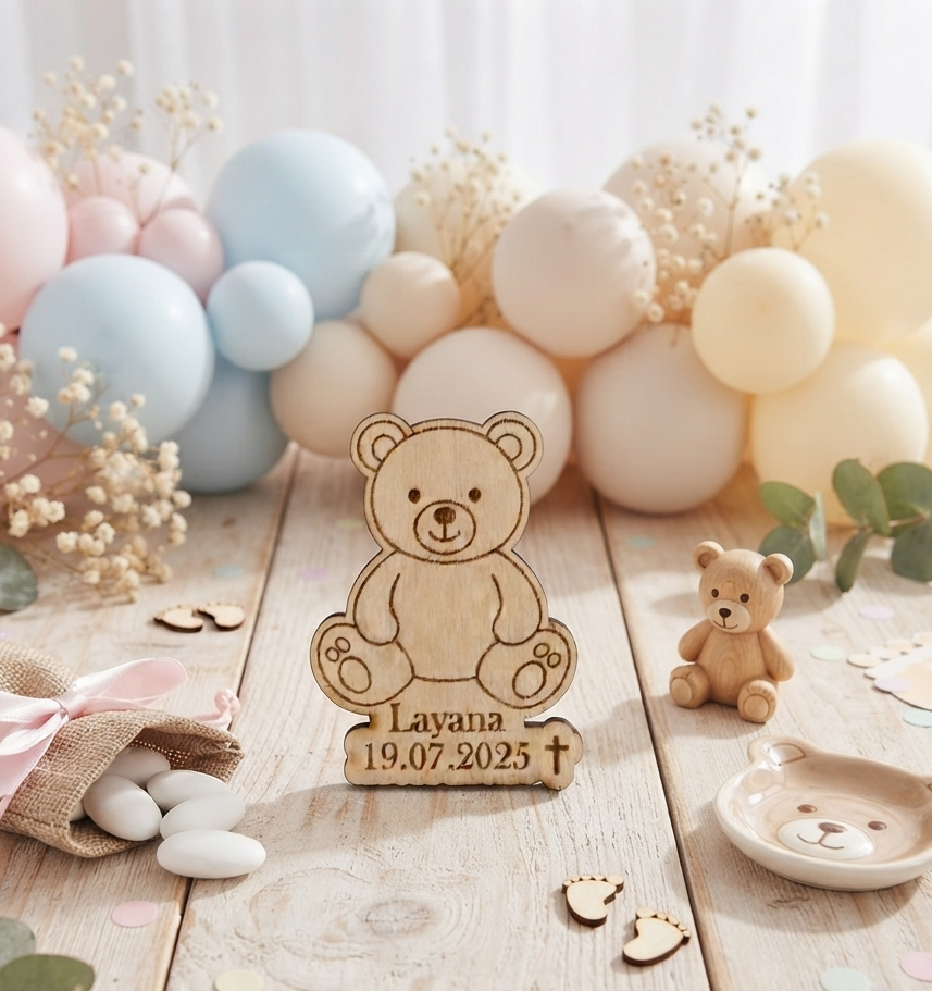 Magnet ourson bois personnalisé - Cadeau baptême anniversaire
