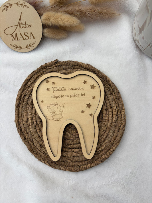 Plateau dent bois petite souris - Cadeau première dent enfant