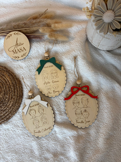 Boule Noël portrait famille bois personnalisée - Décoration sapin