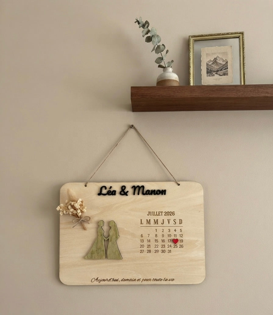 Planche Calendrier Mariage Personnalisée en Bois - Prénoms & Date