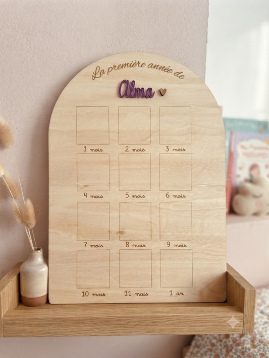 Planche photo première année bois personnalisée - Cadeau naissance