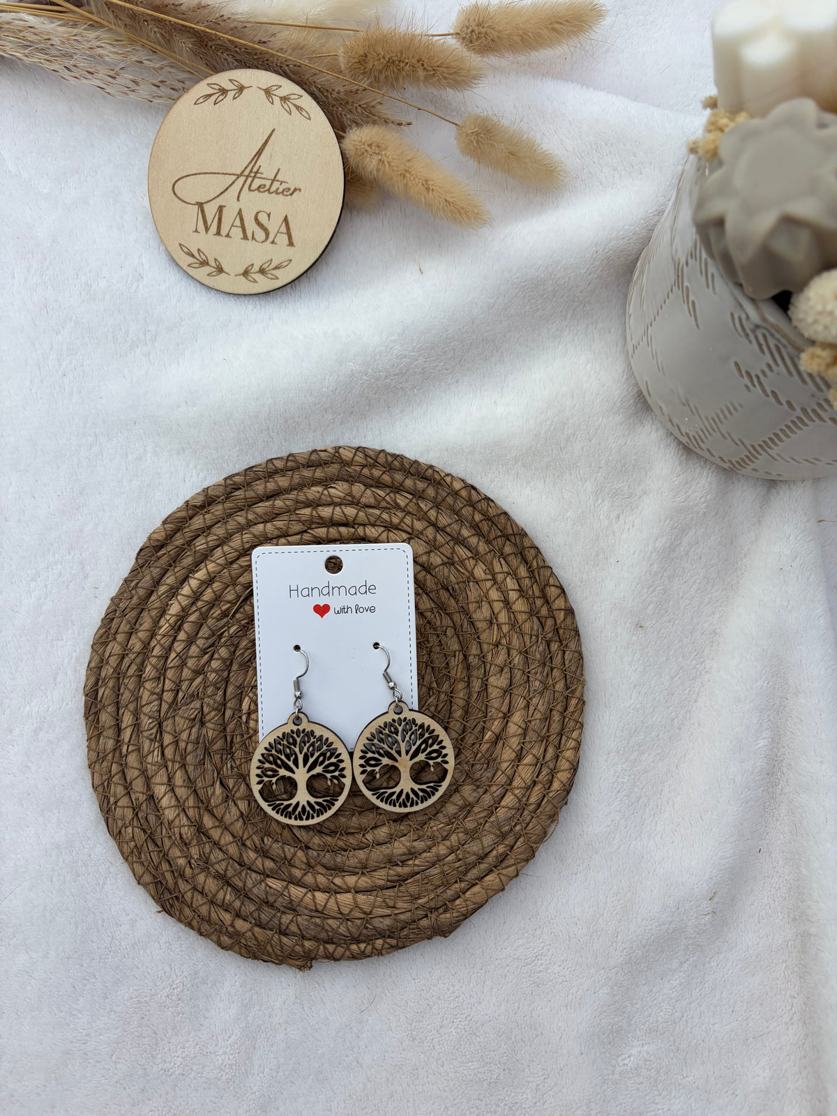Boucles d'oreilles bois tilleul & acier inoxydable - Bijou fait main