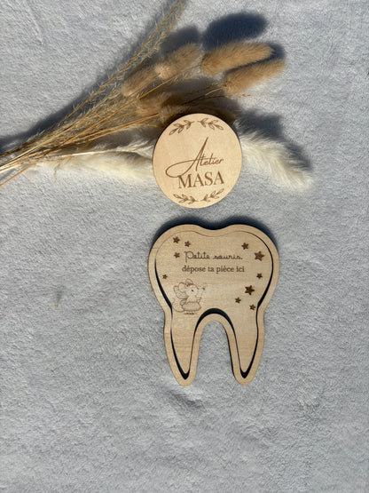 Plateau dent bois petite souris - Cadeau première dent enfant