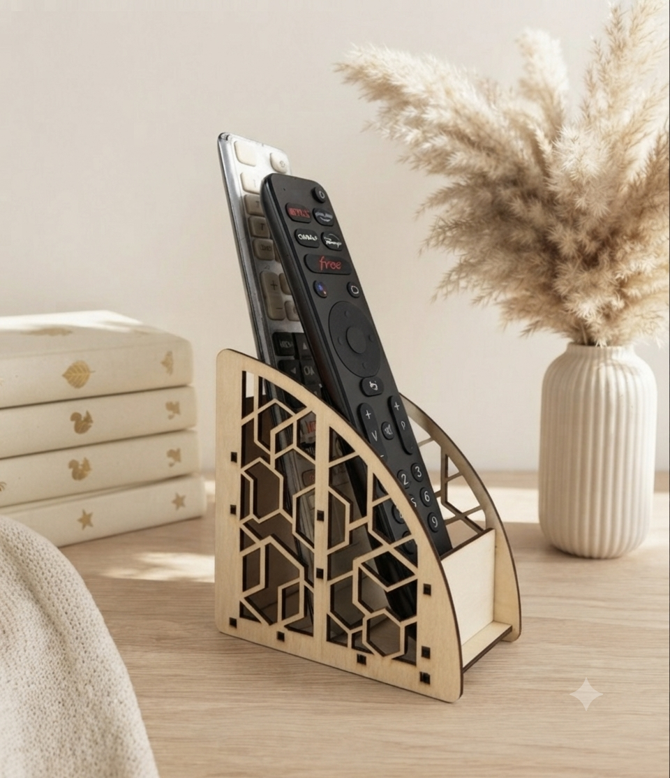 Support télécommande bois découpé laser - Rangement salon