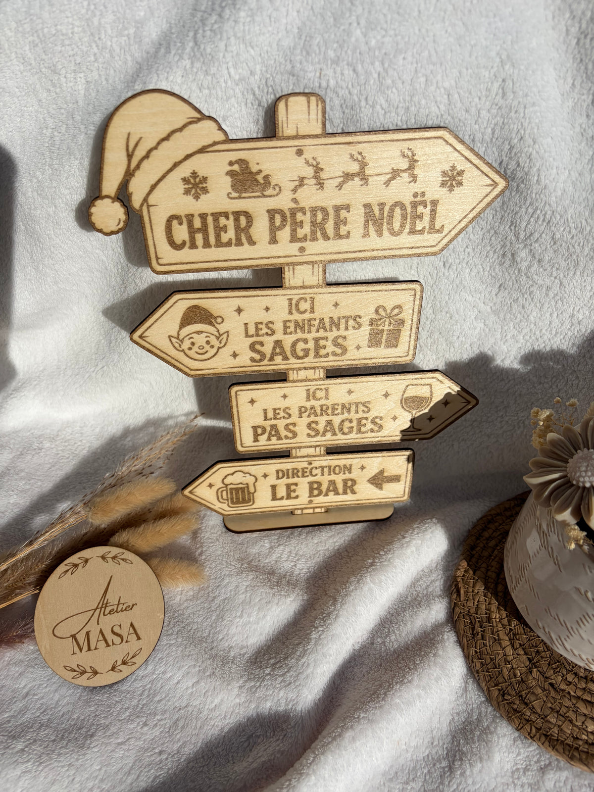 Panneau directionnel humour Noël bois - Décoration maison