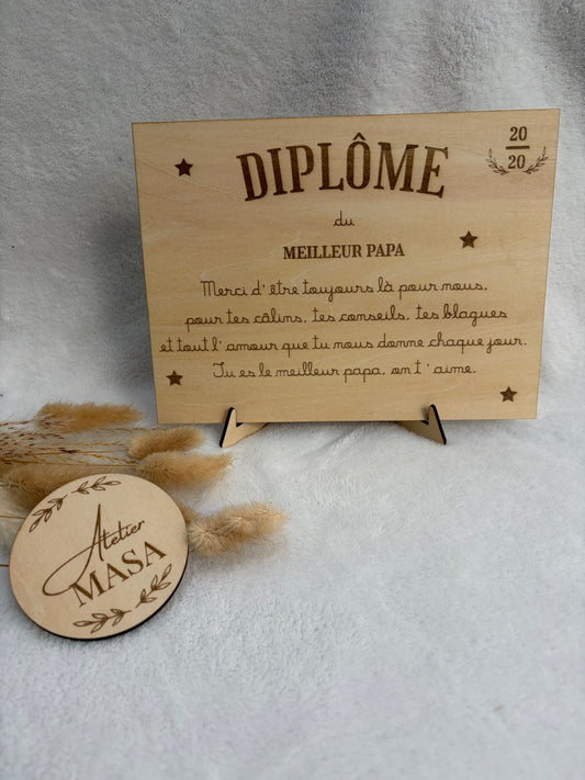 Diplôme bois personnalisé gravure laser - Cadeau papa