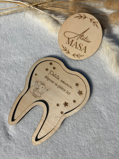 Plateau dent bois petite souris - Cadeau première dent enfant