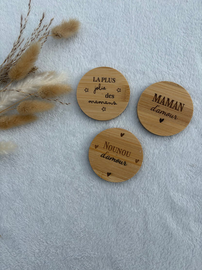 Miroir de poche bambou gravé personnalisé – Cadeau maman maîtresse femme