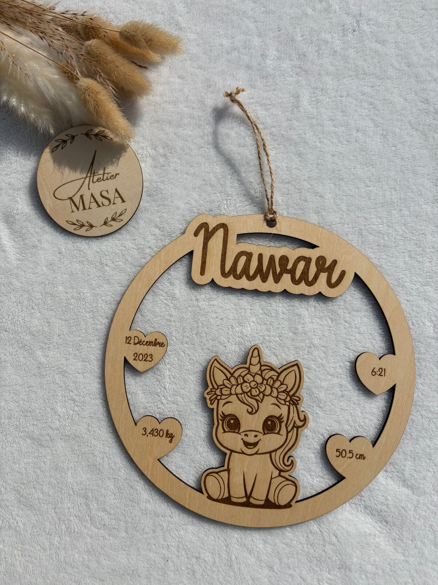 Décoration naissance bois gravée personnalisée – Prénom poids taille heure animal