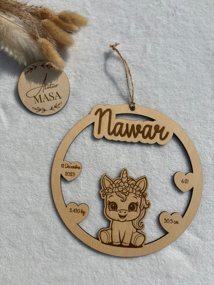 Décoration naissance bois gravée personnalisée – Prénom poids taille heure animal