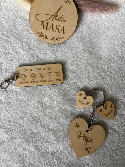 Porte-clé bois papi prénoms petits-enfants - Cadeau grand-père