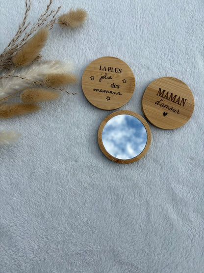 Miroir de poche bambou gravé personnalisé – Cadeau maman maîtresse femme