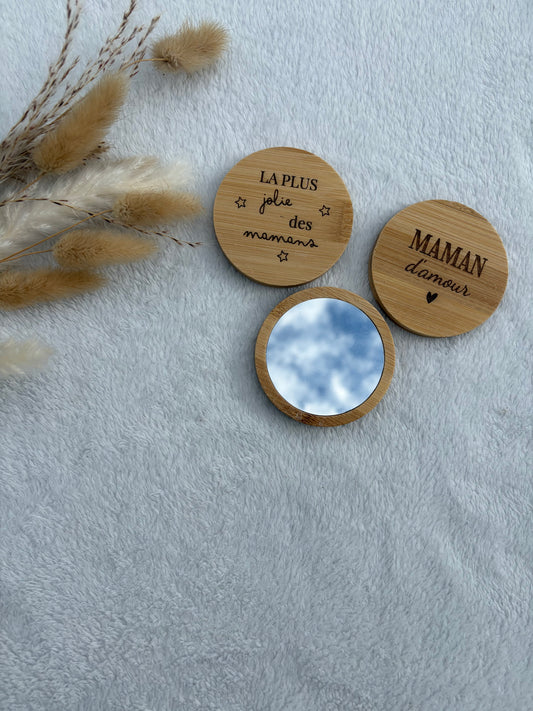 Miroir de poche bambou gravé personnalisé – Cadeau maman maîtresse femme