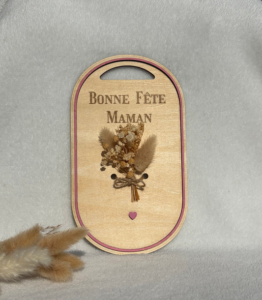 Planche bois gravée personnalisée – Bouquet fleurs séchées fête des mères
