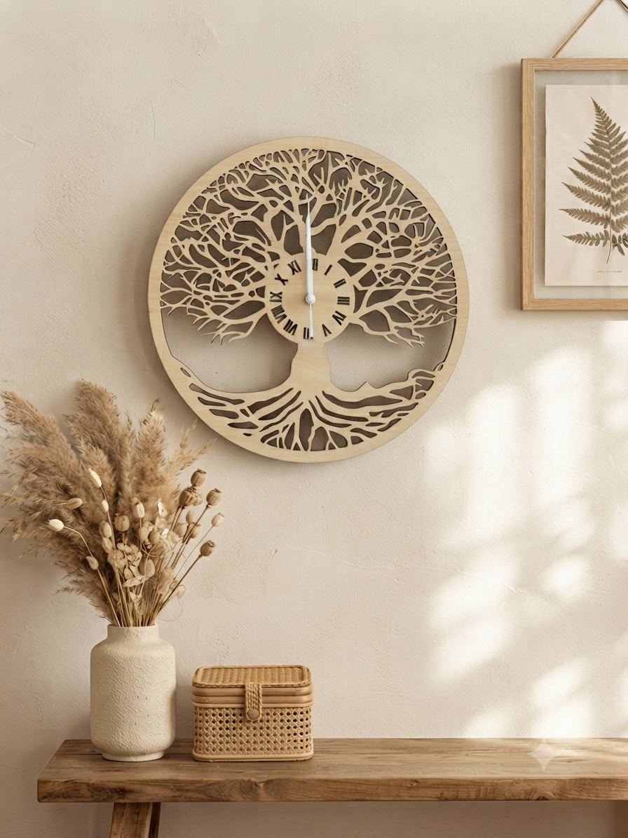 Horloge bois arbre de vie découpée laser - Décoration murale