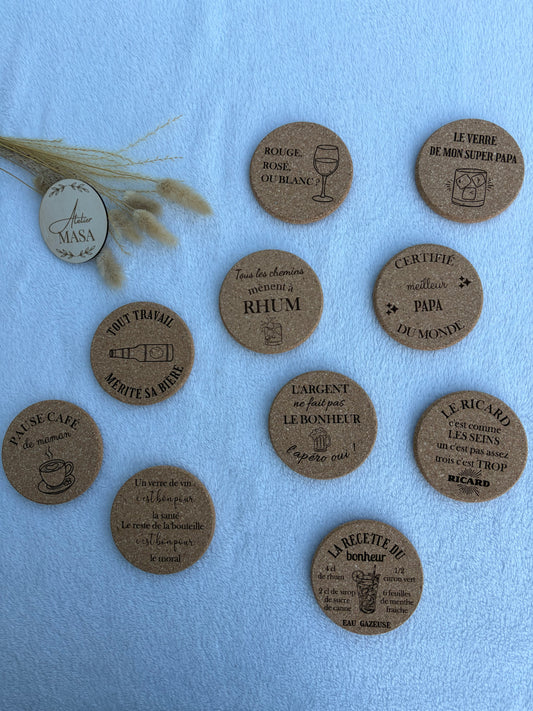 Sous-verre liège gravé personnalisé - Cadeau humour apéro