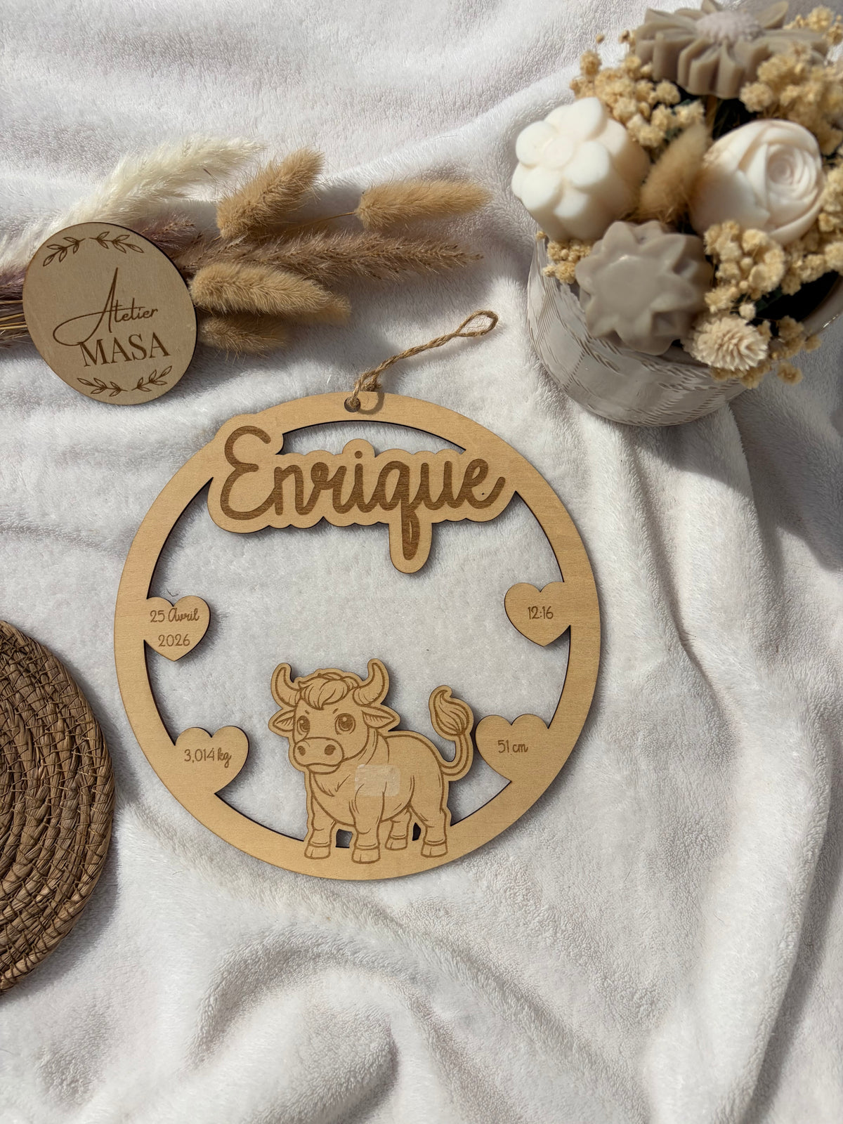Décoration naissance bois gravée personnalisée – Prénom poids taille heure animal
