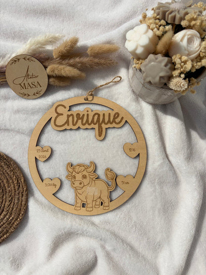 Décoration naissance bois gravée personnalisée – Prénom poids taille heure animal