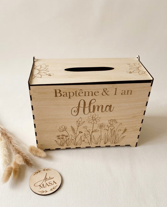 Urne en bois gravée personnalisée – Baptême mariage anniversaire événement