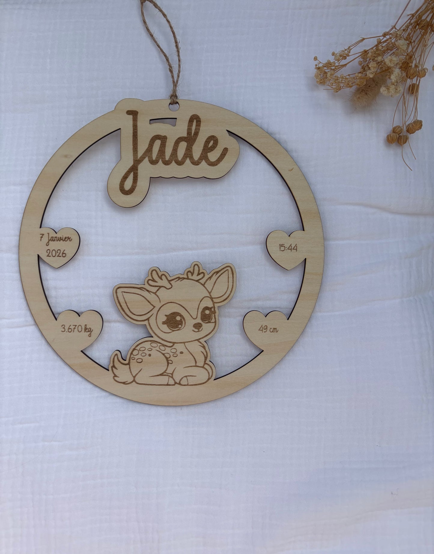 Décoration naissance bois gravée personnalisée – Prénom poids taille heure animal