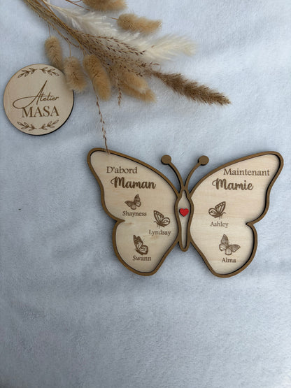 Papillon bois gravé personnalisé – Cadeau mamie maman prénoms enfants