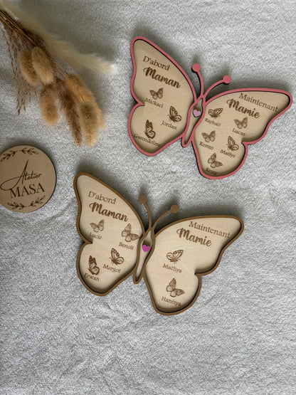 Papillon bois gravé personnalisé – Cadeau mamie maman prénoms enfants