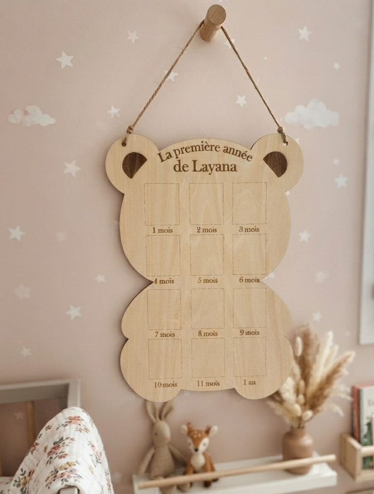 Planche photo première année bois personnalisée - Cadeau naissance
