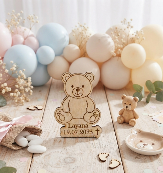 Magnet ourson bois personnalisé - Cadeau baptême anniversaire