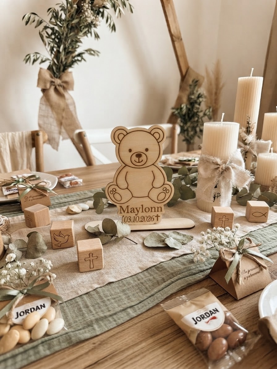 Plaque souvenir baptême bois ourson personnalisée - Cadeau