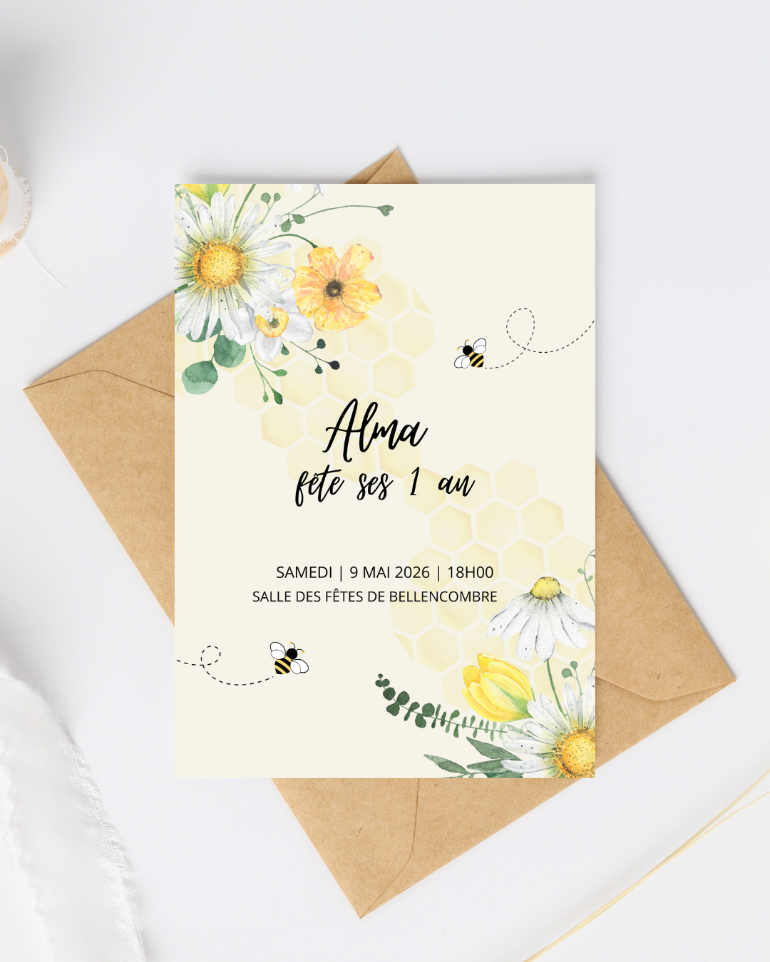 Invitation floral & abeilles – Fond rayons de miel